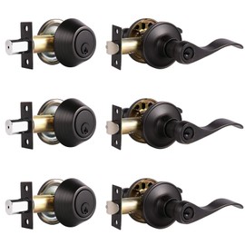 3 Sets-Front Door Entry Lever and Single Cylinder Deadbolts Combination Set, Keyed Alike Interior and Exterior Hardware, Oil Rubbed Bronze Door Handlesets, Combo Pack, Drop/Wave Shape Lockset Leverset