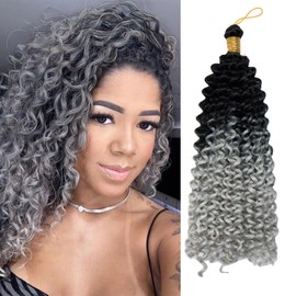 S-noilite Curly Braiding Hair,Marlybob Crochet Braids Hair Extensions 14 Inch Deep Wave Afro Kinky Jerry Curl Pre Stretched Ombre Braiding Hairpiece for Black Women,1 Pack 100g,Black to Silver Grey