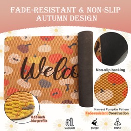 Fall Welcome Doormat Outside Entrance, Outdoor, Indoor, Front Door, 30"x17" Low-Profile Non-Slip Fade-Resistant Dirt-Trapping Pumpkin Harvest Thin Mat Cute Farmhouse Decor for Home, Porch, Garage