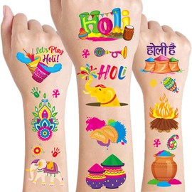 Happy Holi Hai Temporary Tattoos - 8 Sheets 320 Pcs Indian Festival of Colors Decorations Tattoo Stickers for Kids Boys Girls Multicolor Holi Party Favors Supplies Holi Activity Prizes Gifts