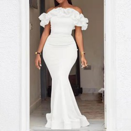 Cololura Sexy Floor-Length Off Shoulder Ruffles Stringy Selvedge Mermaid Bodycon Party Evening Maxi Dress White