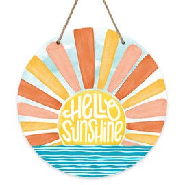 Bolisom Hello Sunshine Sun Summer Front Door Sign, Spring Boho Sunset Over The Sea Wood Door Hanger Outdoor Outside Porch Decor, Bohemian Ocean Wooden Wreath Indoor Wall Hanging Decoration