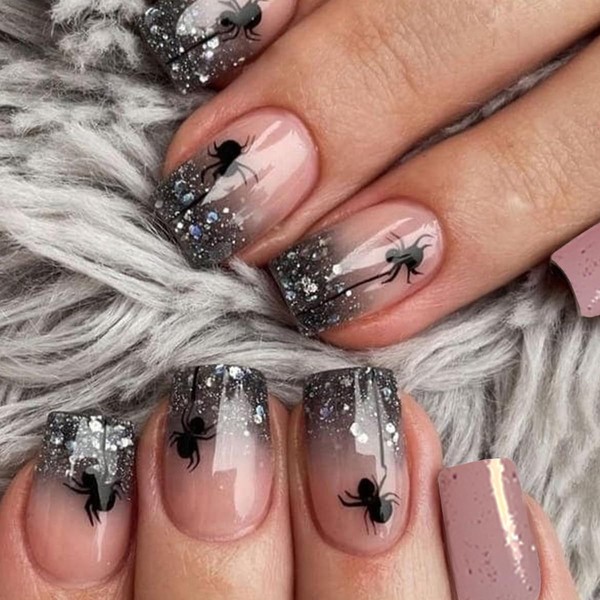 24 Pcs Halloween Pink Press on Nails Short Square -