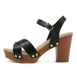 Soda MIGUEL ~ Women Crisscross Band Fashion Chunky Platform Block Mid Heel Sandal with Ankle Strap and Stud (8.5, BLACK PU, numeric_8_point_5)