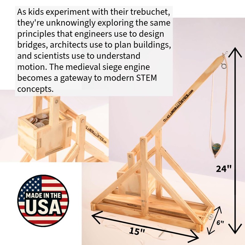 Wood Trebuchet kit for 12 and up, Fully Adjustable, launches