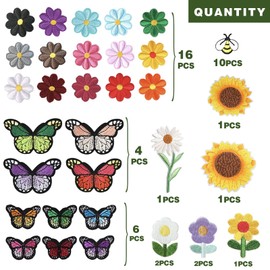 44Pcs Embroidered Flowers Butterfly Bee Iron on Patches Sunflowers Sew on Patch Cute Bumble Daisy Embroidered Applique Decoration Sewing Patches for Clothes Jackets Jeans Dress Pants DIY Patches