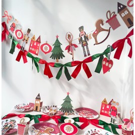 Eanjia Nutcracker Ballet Christmas Banner | Pack of 2|6ft Pre-Strung Satin Bow Garland Red & Green | 8ft DIY Paper Garland Mouse King,Tree, Bell,Castle Cutouts,for Xmas Hanging Sign Décor (Christmas)