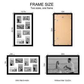 Hongkee 12x22 Picture Frame Set of 2, Black with Glass Collage Frame, Display Eight Opening 4x6 Photos With Mat or 12 x 22 Newspaper Without Mat - Horizontal or Vertical Wall Mounting