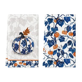 Artoid Mode - Juego de 2 toallas de cocina con diseño de calabaza azul, 18 x 26 pulgadas, hojas florales de otoño, decoración de Acción de Gracias, juego de 2
