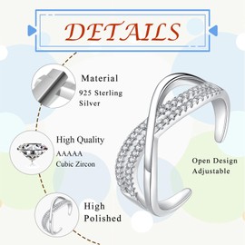 Zolkamery Silver Women's Rings, 925 Sterling Silver Three Layer Infinity Wrap Ring with White Cubic Zirconia, Adjustable Minimalist Finger Rings, Stackable Thumb Ring, Trendy Stacking Rings with Gift