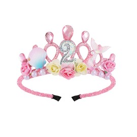 2nd Birthday Crown for Girls, Headband for Girls, Tiara Decoration Crown with Mermaid Pink for 2 Year Old Disposable