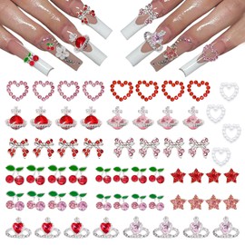 60 Pcs Nail Art Charms, Wsimily Nail Rhinestones 3D Alloy Nail Gems Cherry Heart Star for Girls DIY Manicure, Nail Jewelry Decorations for Acrylic and Gel Nails DIY Crafts Red Pink