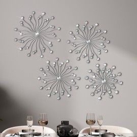 Lingvee 4 Pcs Metal Rhinestones Sunburst Wall Decor 3D Wall Decor Silver Metal Jeweled Wall Art Bling Crystal Home Decorative Metal Wall Art for Living Room for Living Room(12", 10", 8",Diamond)