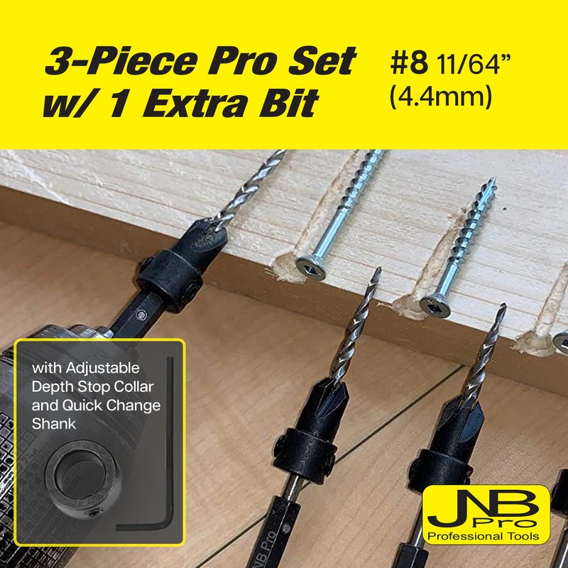 JNB Pro Countersink Drill Bit Set – 8 Tapered Countersink