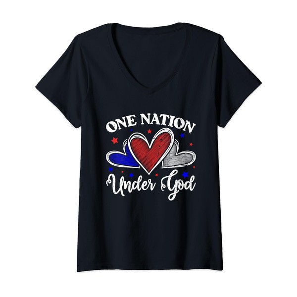 Womens One Nation Under God Jesus Blessed American Flag V-Neck