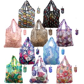 10 Pack Reusable Grocery Bags, Large 50LBS Cute Foldable Reusable Grocery Nylon Shopping Tote Bags, Machine Washable Durable (Nylon colourful)