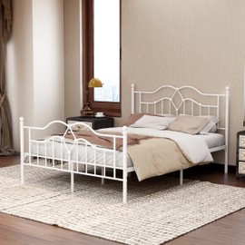 RYR Metal Platform Queen Size Bed Frame with Headboard Footboard Easy Assembly No Noise No Box Spring Needed White
