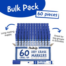 Chalkola 60 Blue Dry Erase Markers Bulk Pack, Blue Chisel Point White Dry Erase Pens - Low Odor Whiteboard Markers for Kids, Home, Office, Back to School Supplies