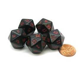 Koplow Games Set of 5 Twenty Sided 19mm D20 Opaque Dice RPG D&D Black with Red Numbers Die