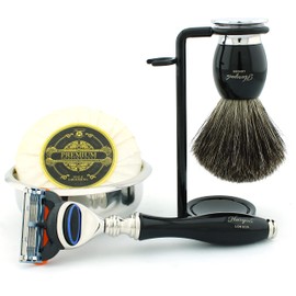 Haryali London 5 Pc Mens Shaving Kit 5 Edge Safety Razor with Black Badger Hair Shaving Brush, Stand, Soap and Bowl Perfect Set for Men