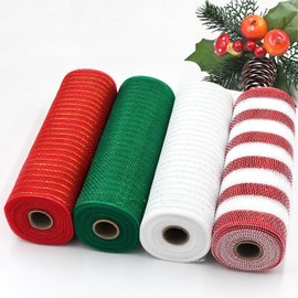 NBHH Christmas Mesh Ribbon Deco Metallic Fall Mesh Metallic Foil White Red Green Mesh Rolls for DIY Christmas Project Wreaths Party Decorations Wrapping Craft, 4 Rolls
