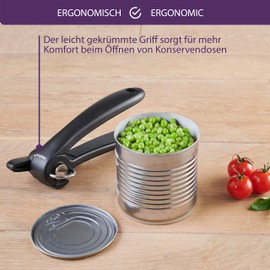 Mastrad Can Opener - Can Opener without Sharp Edges - Manual Lid Opener - Ergonomic Handle and Metal Rotary Wheel for Easy Opening of the Can - Universal Size and Stand F19000