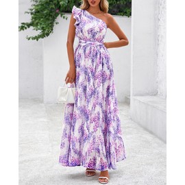 BTFBM Women Summer One Shoulder Floral Wedding Guest Dresses Sleeveless Smocked Ruffle Flowy Beach Vacation Maxi Dress(Floral Purple, Large)