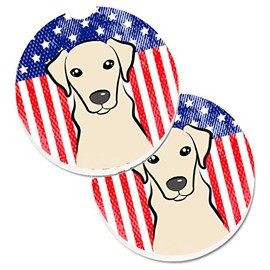 Caroline's Treasures BB2152CARC American Flag and Yellow Labrador Set of 2 Cup Holder Car Coasters Absorbent Sandstone Coasters for Car Cup Holders Gifts for Men or Women, Large, Multicolor
