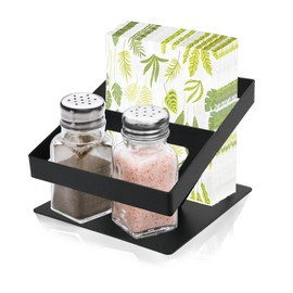Napkin Holder, SHAIDOJIO Metal Napkin Holder with Salt and Pepper Shaker Caddy Napkin Holders for Tables, Black Simple Serviette Holder for Kitchen Bar Restaurant, Not Including Salt and Pepper Shaker