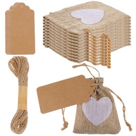 10PCS Heart Burlap Bags 3x4" Small Gift Bags Drawstring with Drawstring and Gift Tags & String, Reusable Linen Burlap Sack for Wedding Favors Party Jewelry Pouches, Christmas, Coffee, DIY Craft(Hemp)