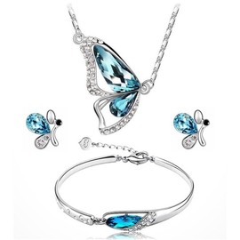 Gilieyer Butterfly Jewelry Set, Rhinestone Crystal blue Butterflies Necklace/Earrings/Bracelet Gifts Women's Wedding Bridal Necklace Dangle Earrings Set Statement Jewellery (Blue)