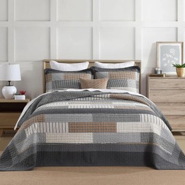 Finlonte 128"x120" Oversized King Bedspread - 100% Cotton Lightweight California King Quilted Bedspreads Coverlet Set, Farmhouse Stripe Reversible Oversized Cal King Quilt, Gray/Brown/Beige, 3 Pieces