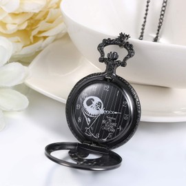 JewelryWe Nightmare Before Christmas Pocket Watch for Men Women Antique Quartz Pendant Chain Necklace Watch for Christmas