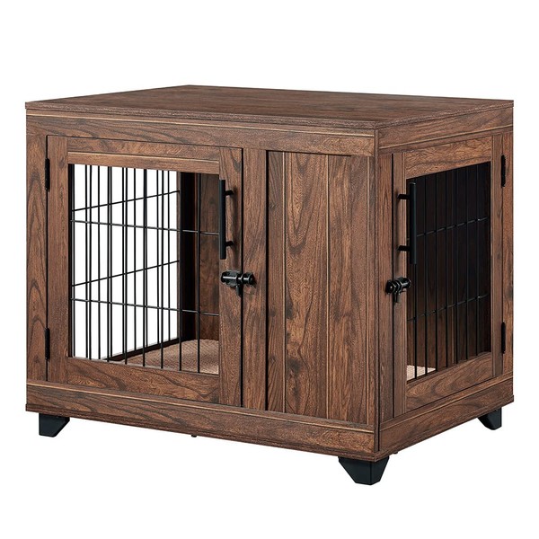 beeNbkks Furniture Style Dog Crate, Double Doors Wooden Wire Dog Kennel End Table, Pet Crate with Soft Bed, Decorative Dog House Pet Furniture Indoor Use