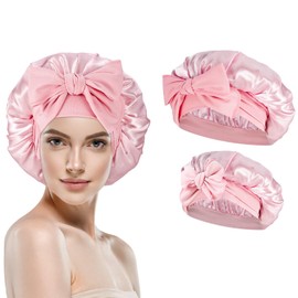 Coumy 2 Pcs Satin Sleep Cap, Silk Bonnet Sleep Cap Mother-Daughter Set Adjustable Satin Hair Caps Double Layer Bonnet Shower Caps for Women Girls Hair Care(Pink)