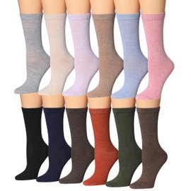 Tipi Toe Women's 12 Lightweight Pairs Solid Heathered Colored Crew Socks, WC93-T1