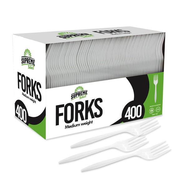 Supreme Select Disposable White Forks [400-Pack] Medium-Weight Disposable Plastic Cutlery - Durable and Reusable Bulk Utensils for Parties, Picnics, Takeout, Restaurant, School, Home & Office