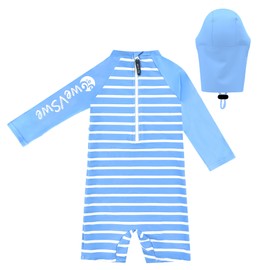 weVSwe Toddler Boy Bathing Suit Uv Protection One Piece Rash Guard Infant Boy Swimsuit Adjustable Uv Hat Light Blue Stripe Newborn 0-6 Months