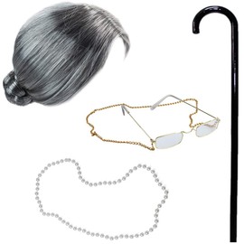 Tigerdoe Disfraz de anciana con bastón – Peluca de Abuela – anteojos de Abuela – Juego de 4 Accesorios para anciana Gris
