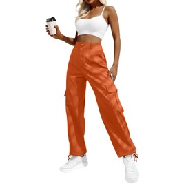 Women 6 Pockets High Waisted Cargo Pants Wide Leg Casual Pants Combat Military Trouser Orange