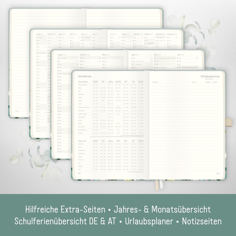 Häfft® Wochen-Notiz-Kalender 2026 A5 "Minty Leaves" Buchkalender, Planer Notiz-Timer, Terminplaner,
