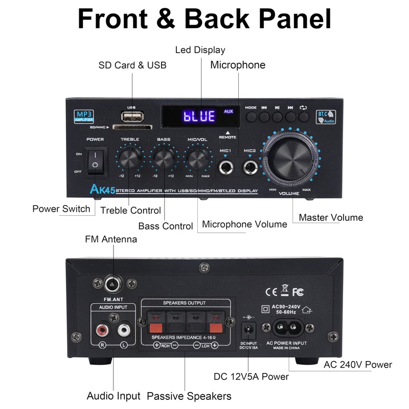 Bluetooth Stereo Amplifier Home Audio 300 Watts x2 Mini Speaker