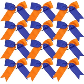 Cheerleading Bow Jumbo Cheer Bows 12 Pcs 7 Inch Ponytail Holder Cheerleader Bows Hair Tie (Orange/Royal Blue)