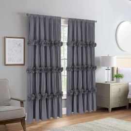 Homechoice Decor Thermal Insulated Blackout Window Curtains, 54" W x 84" L x 2 Panels, Boho Ruched Window Treatments with 3 Rows of Butterfly Flowers, Rustic Rod Pocket Drapes for Room, Gray (LQ-30)