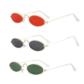 YSJCHEBS 3 Pieces Oval Sunglasses, Retro Festival Glasses, Metal Sunglasses, Women's Festival Accessories, Unisex, Fashion Glasses, Gold frame, red foil, Unit size