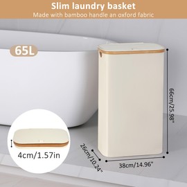 iEGrow 65L Slim Laundry Hamper, Narrow Laundry Basket with Lid,Foldable Clothes Hamper with Bamboo Handles,Hamper Basket with Removable Inner Bag for Laundry Room Bedroom College Dorm,17.17 Gals Beige