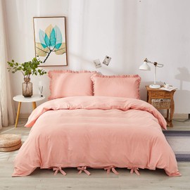Softta Pink Bowknot Bedding Set 3 Pcs California King Girls Ruffle Chic Duvet Cover 100% Washed Cotton Solid Color for Grils Woman