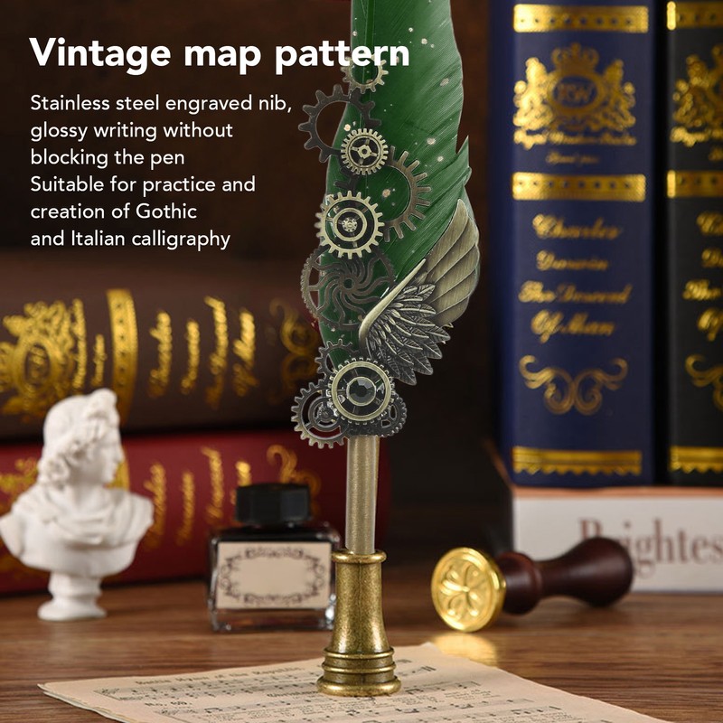 Retro Feather Pen Set Vintage Map Pattern Quill Pen Set