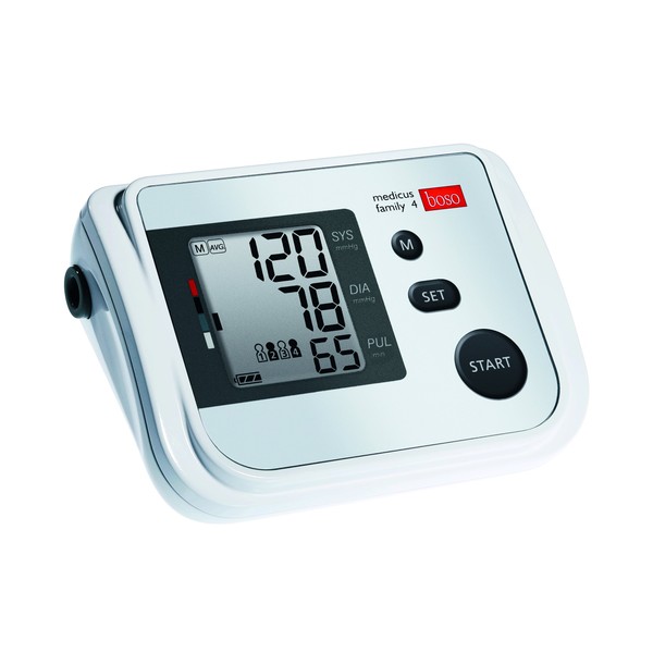 boso medicus family 4 – Partner- und Familien-Blutdruckmessgerät mit 4 Speichern, großem Display und Arrhythmie-Erkennung – Inkl. Universal-Manschette (22–42cm)