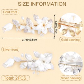 CHANZET White Flower Hair Clip for Bridal 2pcs, Wedding Floral Hair Clips Pins with Rhinestone Pearls, Gold Silver Metal Decorative Flower Hair Barrettes Hairpin Hair Accessories for Women Girls